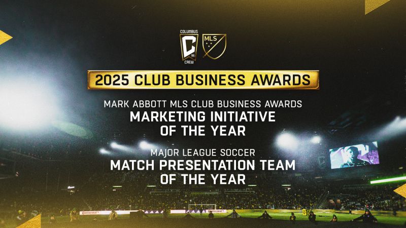 Graphic announcing the Columbus Crew have won the Mark Abbott MLS Club Business Awards Marketing Initiative of the Year and the Match Presentation Team of the Year